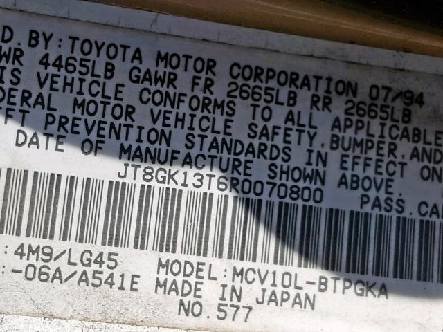 JT8GK13T6R0070800 - 1994 LEXUS ES 300 SILVER photo 10