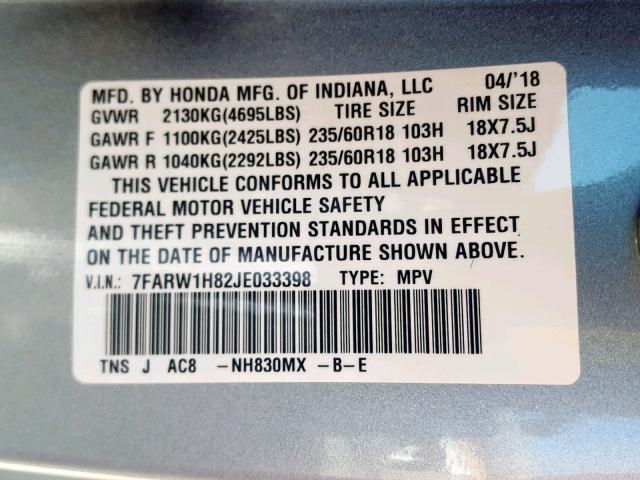 7FARW1H82JE033398 - 2018 HONDA CR-V EXL SILVER photo 10