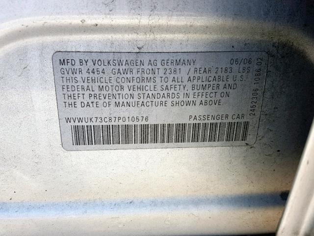 WVWUK73C87P010576 - 2007 VOLKSWAGEN PASSAT SILVER photo 10