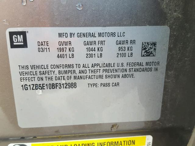 1G1ZB5E10BF312988 - 2011 CHEVROLET MALIBU LS ნაცრისფერი ფოტო 10