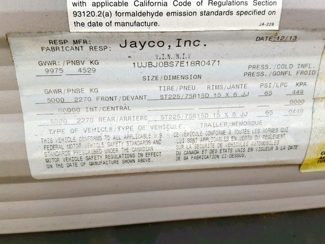 1UJBJ0BS7E18R0471 - 2014 JAYCO JAYFLIGHT  WHITE photo 10