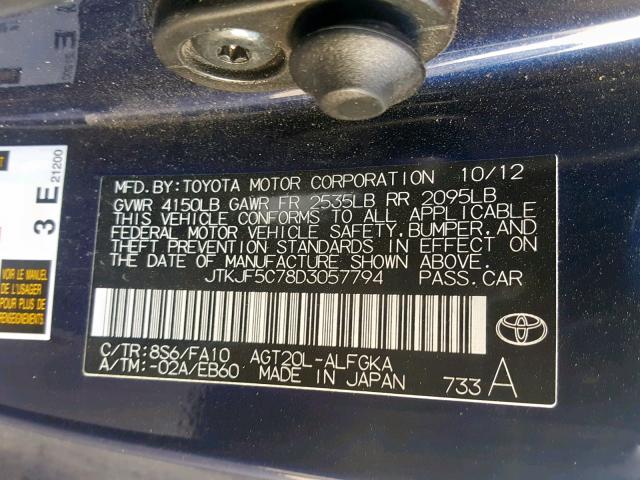 JTKJF5C78D3057794 - 2013 TOYOTA SCION TC ლურჯი ფოტო 10