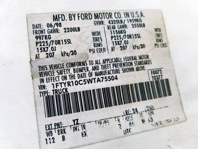 1FTYR10C5WTA75504 - 1998 FORD RANGER WHITE photo 10