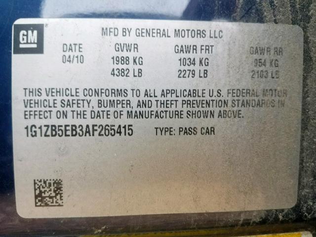 1G1ZB5EB3AF265415 - 2010 CHEVROLET MALIBU LS BLUE photo 10