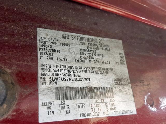 5LMFU27R34LJ31709 - 2004 LINCOLN NAVIGATOR MAROON photo 10