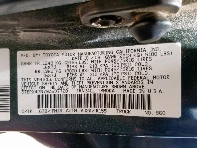 5TEPX42N79Z637720 - 2009 TOYOTA TACOMA GREEN photo 10