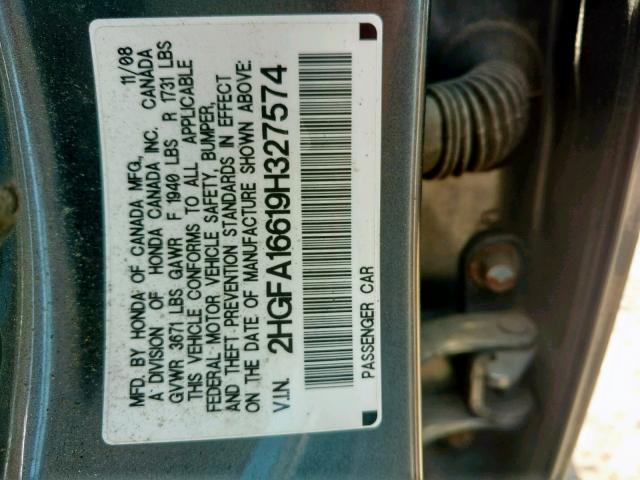 2HGFA16619H327574 - 2009 HONDA CIVIC LX-S Сұр фото 10