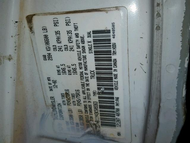 2D7HB11Y43K509363 - 2003 DODGE RAM VAN B1 WHITE photo 10