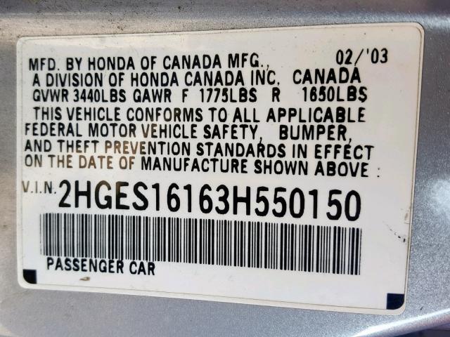 2HGES16163H550150 - 2003 HONDA CIVIC DX SILVER photo 10