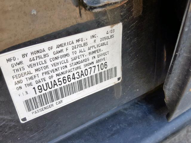 19UUA56643A077106 - 2003 ACURA 3.2TL BLACK photo 10