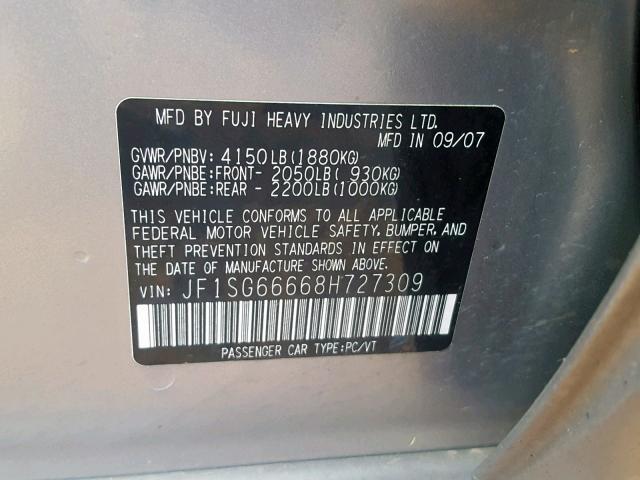 JF1SG66668H727309 - 2008 SUBARU FORESTER S SILVER photo 10