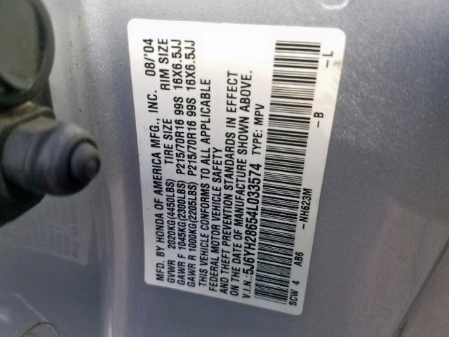 5J6YH28654L033574 - 2004 HONDA ELEMENT EX SILVER photo 10