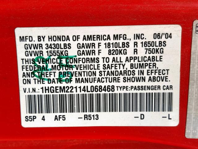 1HGEM22114L068468 - 2004 HONDA CIVIC DX V RED photo 10