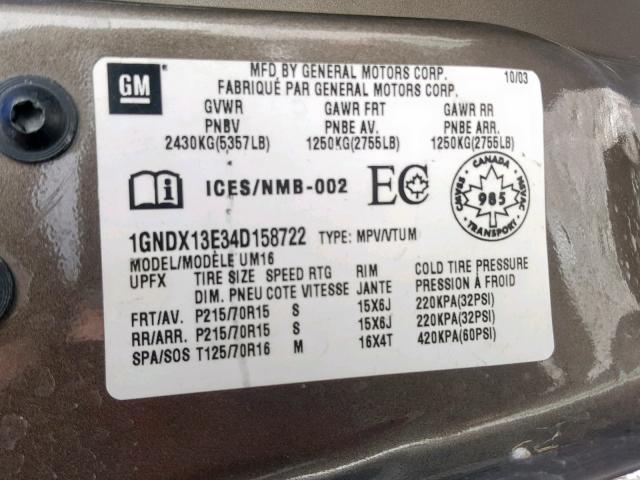 1GNDX13E34D158722 - 2004 CHEVROLET VENTURE LU BROWN photo 10