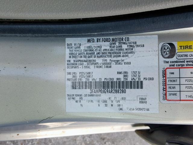 3FAHP0JG9AR288280 - 2010 FORD FUSION SEL SILVER photo 10