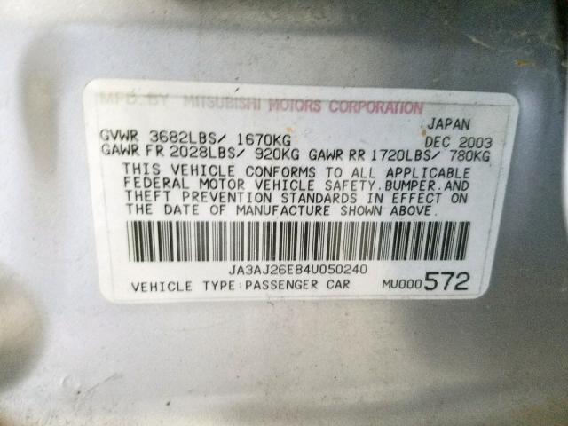 JA3AJ26E84U050240 - 2004 MITSUBISHI LANCER ES SILVER photo 10