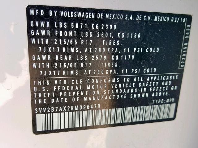 3VV2B7AX2KM096478 - 2019 VOLKSWAGEN TIGUAN SE WHITE photo 10