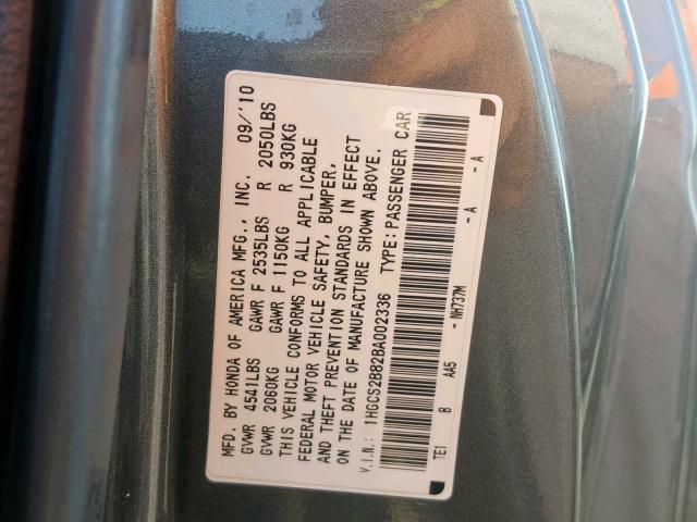 1HGCS2B82BA002336 - 2011 HONDA ACCORD EXL GRAY photo 10