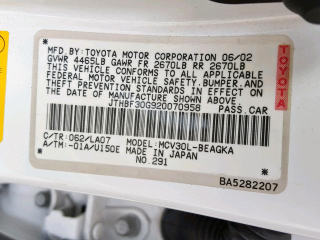 JTHBF30G920070958 - 2002 LEXUS ES 300 WHITE photo 10