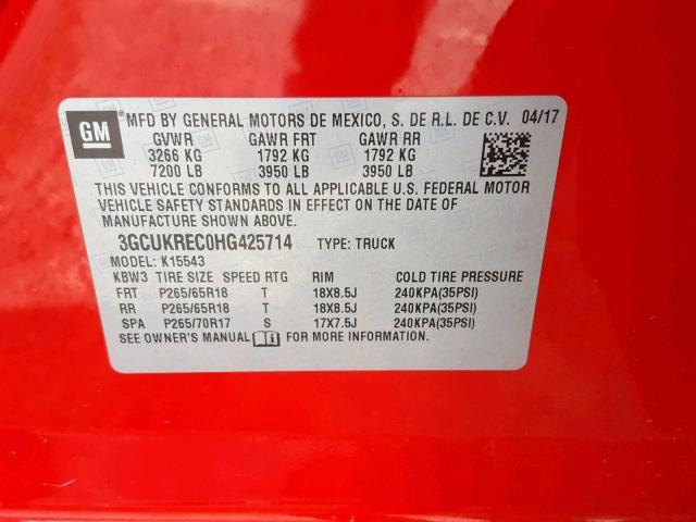 3GCUKREC0HG425714 - 2017 CHEVROLET SILVERADO RED photo 10