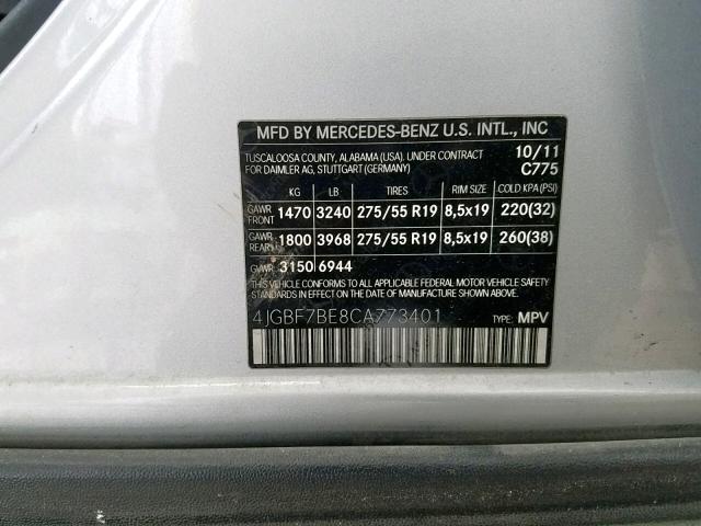 4JGBF7BE8CA773401 - 2012 MERCEDES-BENZ GL 450 4MA SILVER photo 10