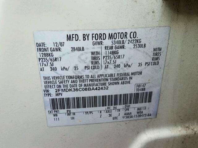 2FMDK36C08BA42432 - 2008 FORD EDGE SE CREAM photo 10