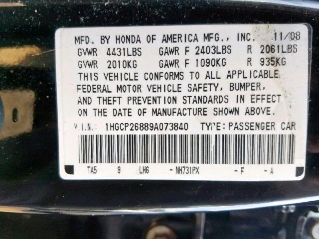 1HGCP26889A073840 - 2009 HONDA ACCORD EXL BLACK photo 10