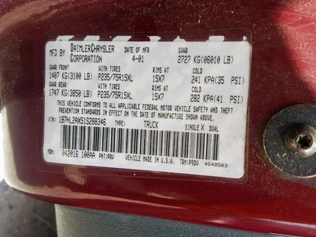 1B7HL2AX51S288346 - 2001 DODGE DAKOTA QUA MAROON photo 10