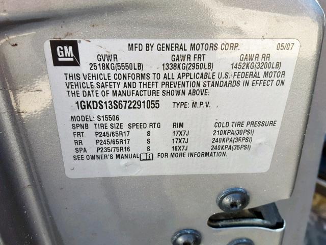 1GKDS13S672291055 - 2007 GMC ENVOY GRAY photo 10