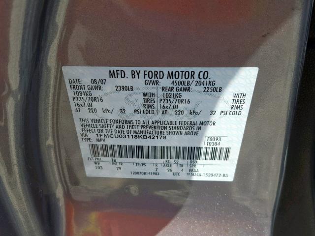 1FMCU03118KB42178 - 2008 FORD ESCAPE XLT GRAY photo 10