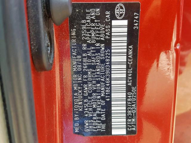 4T1BE46K39U348225 - 2009 TOYOTA CAMRY BASE RED photo 10