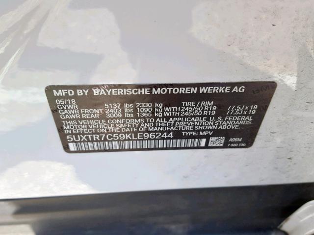 5UXTR7C59KLE96244 - 2019 BMW X3 SDRIVE3 WHITE photo 10