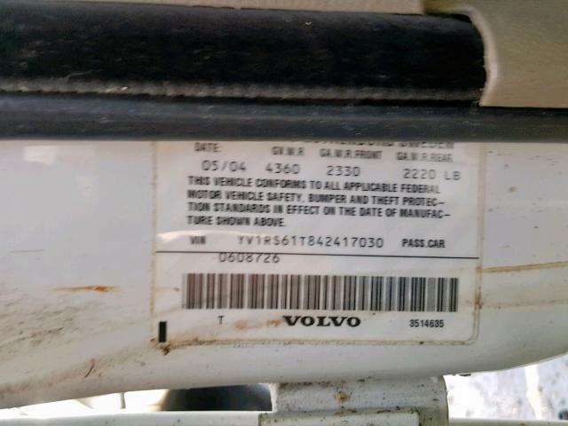 YV1RS61T842417030 - 2004 VOLVO S60 WHITE photo 10