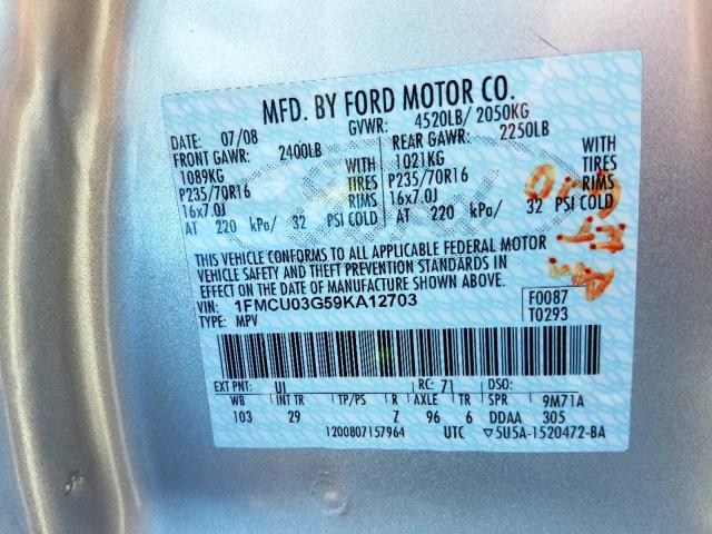 1FMCU03G59KA12703 - 2009 FORD ESCAPE XLT SILVER photo 10