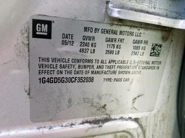 1G4GD5G30CF352038 - 2012 BUICK LACROSSE P SILVER photo 10