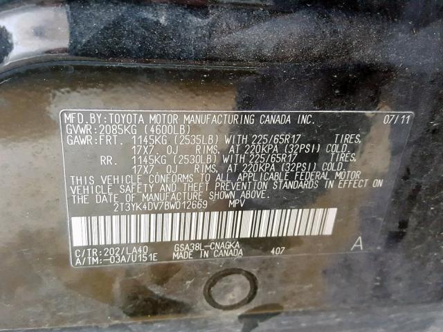 2T3YK4DV7BW012669 - 2011 TOYOTA RAV4 LIMIT BLACK photo 10