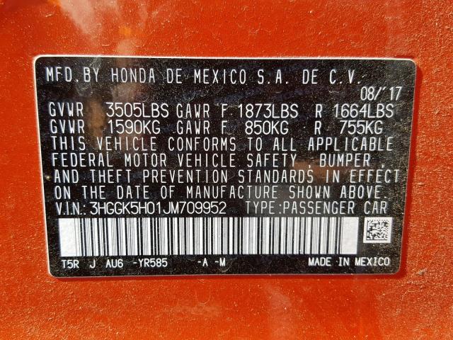 3HGGK5H01JM709952 - 2018 HONDA FIT EX ORANGE photo 10