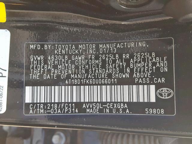 4T1BD1FK6DU066011 - 2013 TOYOTA CAMRY HYBR BLACK photo 10