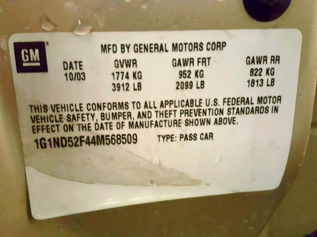 1G1ND52F44M568509 - 2004 CHEVROLET CLASSIC GOLD photo 10