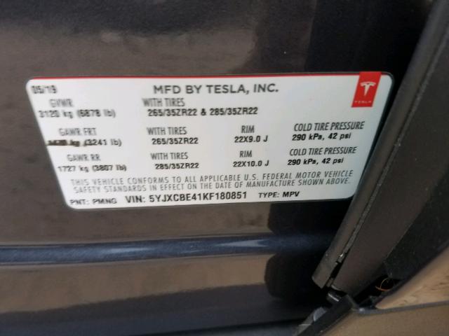 5YJXCBE41KF180851 - 2019 TESLA MODEL X GRAY photo 10