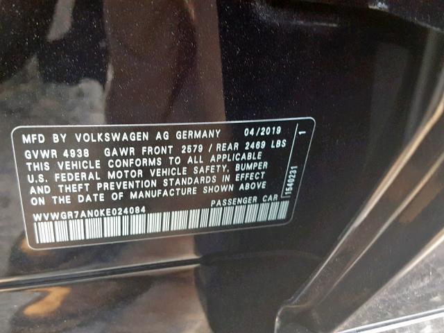 WVWGR7AN0KE024084 - 2019 VOLKSWAGEN ARTEON SE BLACK photo 10