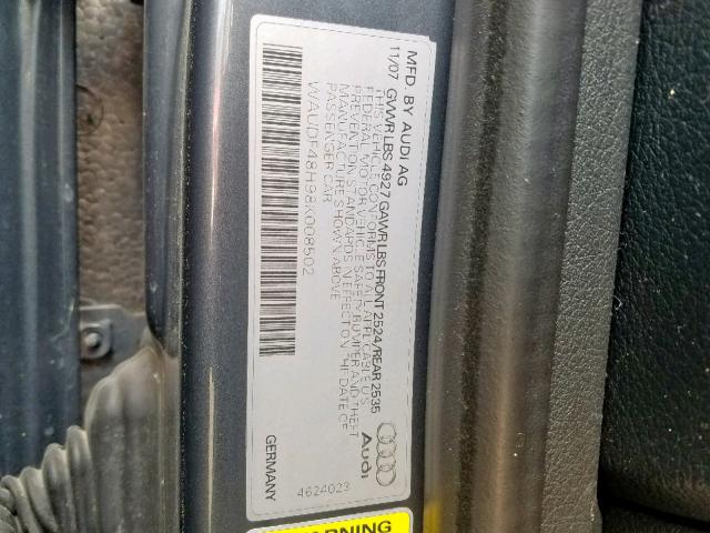 WAUDF48H98K008502 - 2008 AUDI A4 2.0T CA GRAY photo 10