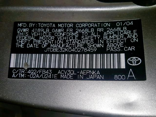 JTDBE32K040278459 - 2004 TOYOTA CAMRY LE GOLD photo 10