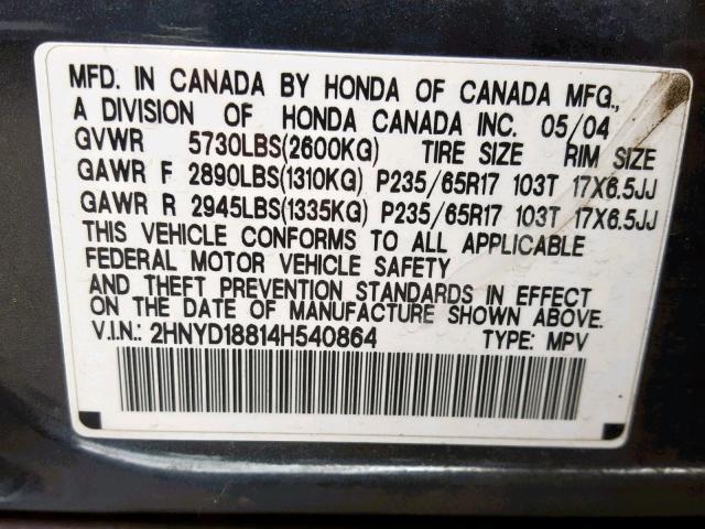 2HNYD18814H540864 - 2004 ACURA MDX TOURIN GRAY photo 10