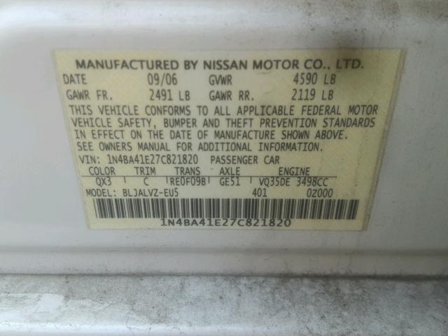 1N4BA41E27C821820 - 2007 NISSAN MAXIMA SE WHITE photo 10