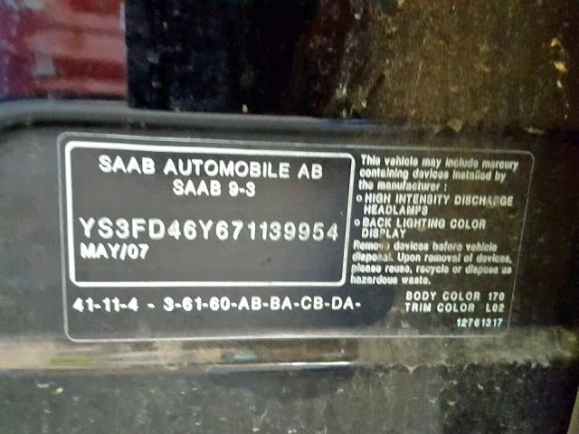 YS3FD46Y671139954 - 2007 SAAB 9-3 2.0T BLACK photo 10