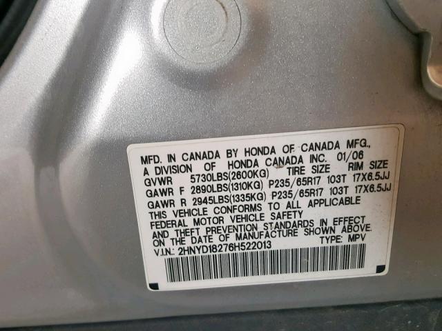 2HNYD18276H522013 - 2006 ACURA MDX SILVER photo 10