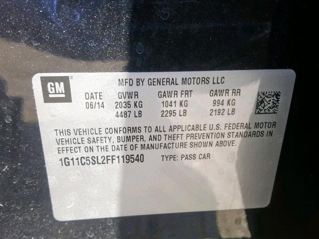 1G11C5SL2FF119540 - 2015 CHEVROLET MALIBU 1LT BLACK photo 10