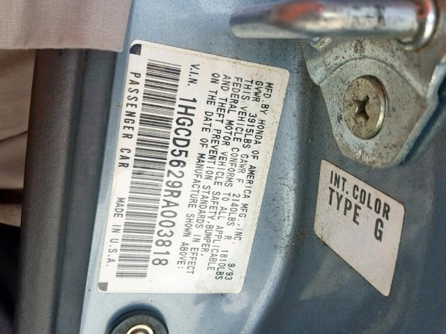 1HGCD5629RA003818 - 1994 HONDA ACCORD DX BLUE photo 10