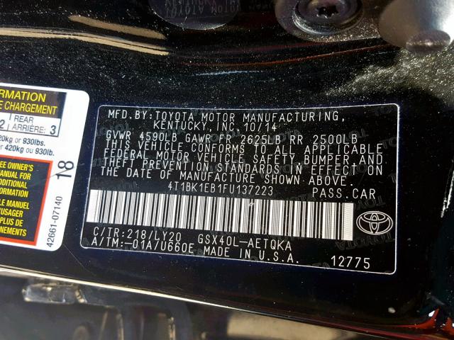 4T1BK1EB1FU137223 - 2015 TOYOTA AVALON XLE BLACK photo 10